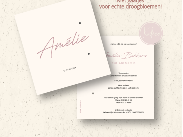 Geboortekaartje Amélie - met boorgaten voor echte droogbloemen